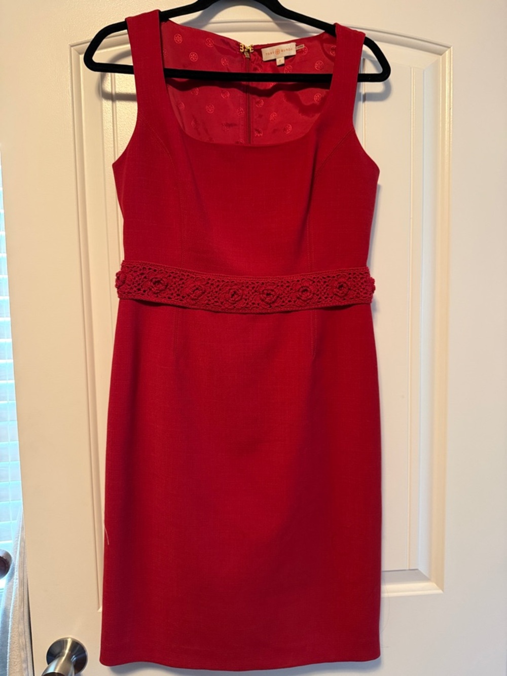 Tory Burch Red Sleeveless Midi Sheath Dress with Crochet Waist